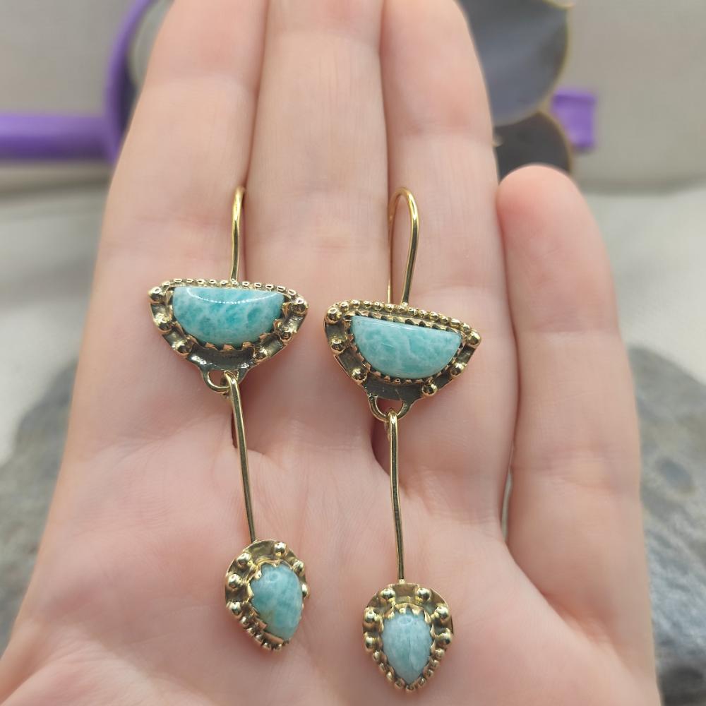 ORECCHINI etnici in ottone con larimar - AMRITHYA