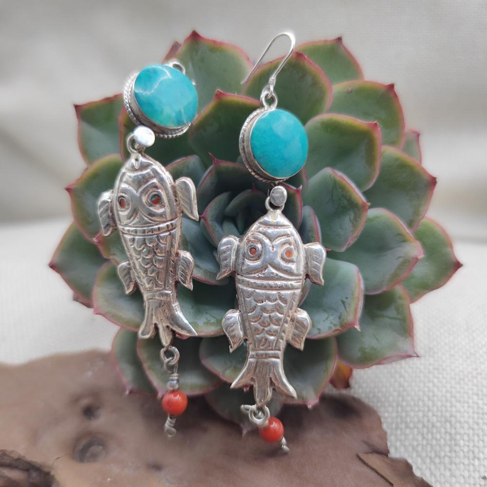 Orecchini tibetani pesci argento 925 amazzonite - YEMMIGANUR