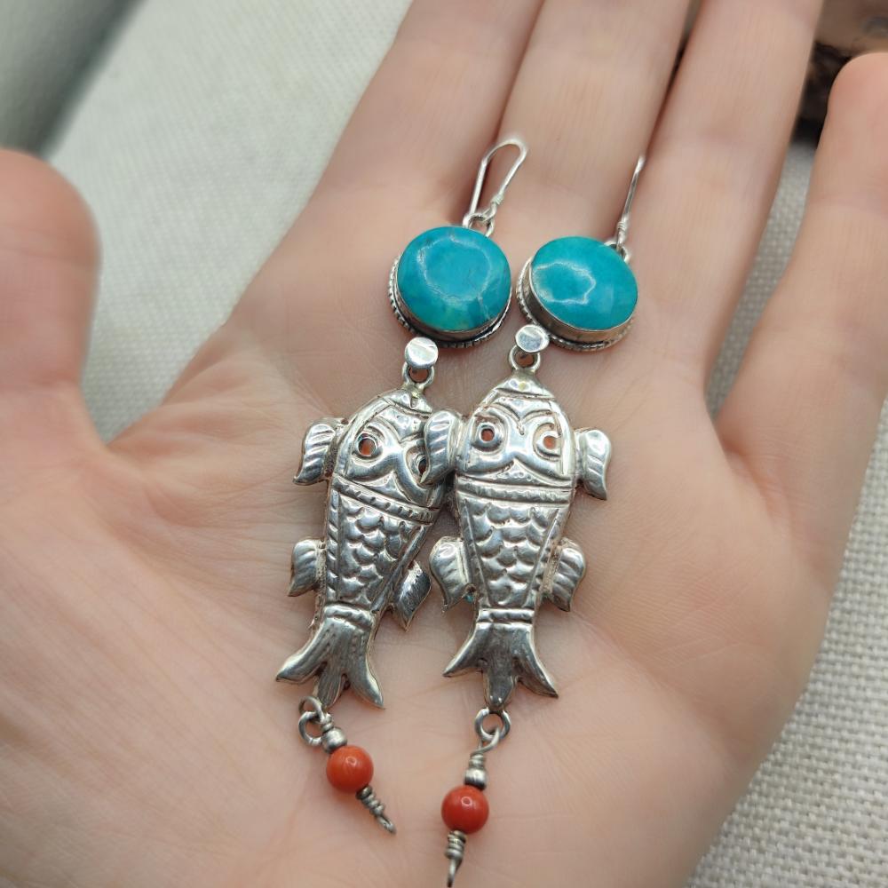 Orecchini tibetani pesci argento 925 amazzonite - YEMMIGANUR