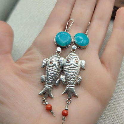 Orecchini tibetani pesci argento 925 amazzonite - YEMMIGANUR