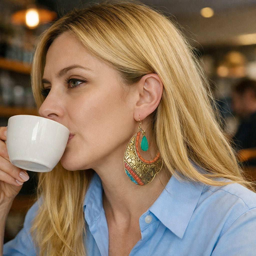 ORECCHINI tibetani in ottone con malachite - URAVAKONDA