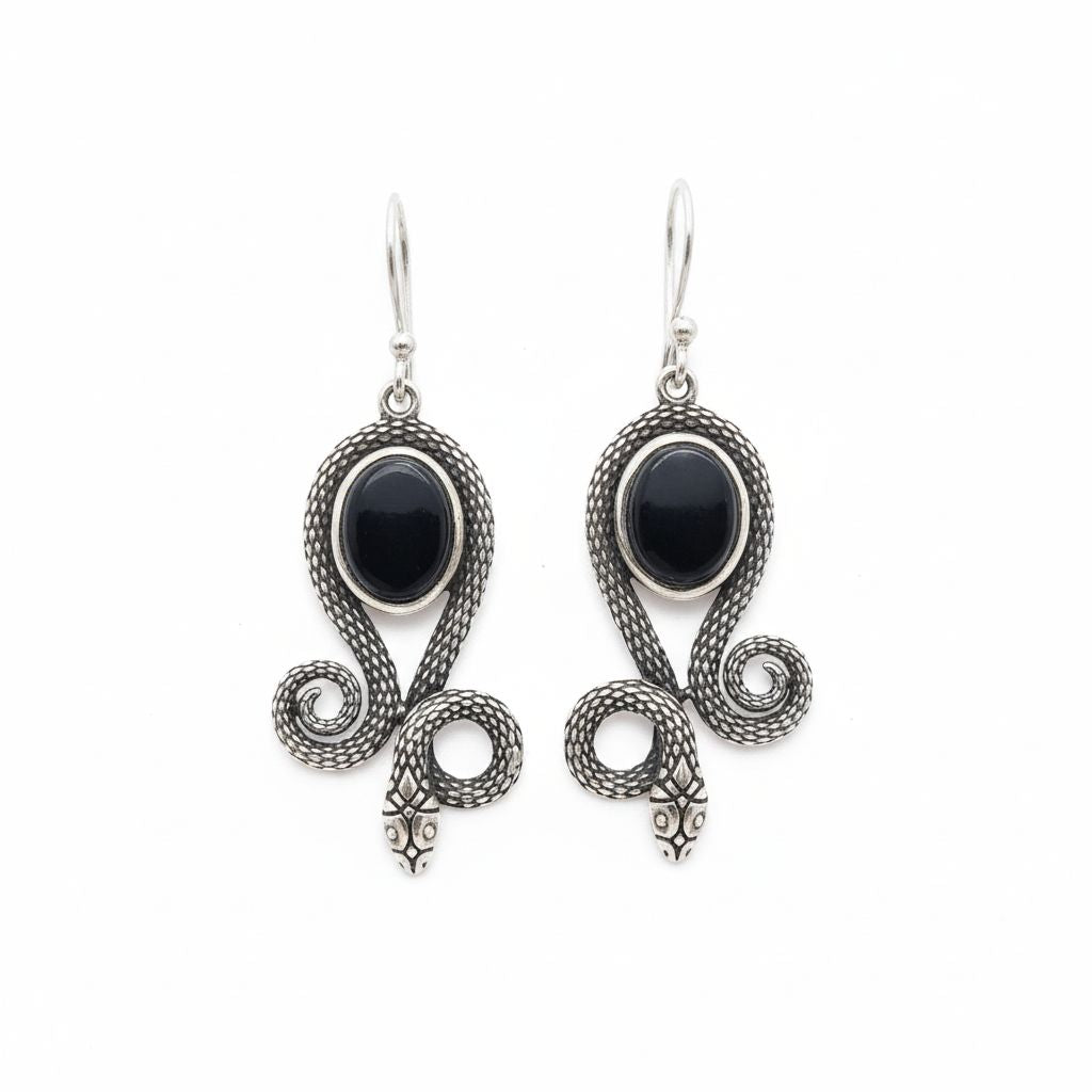 Orecchini in argento 925 con onice nero e serpenti - HUGHLI
