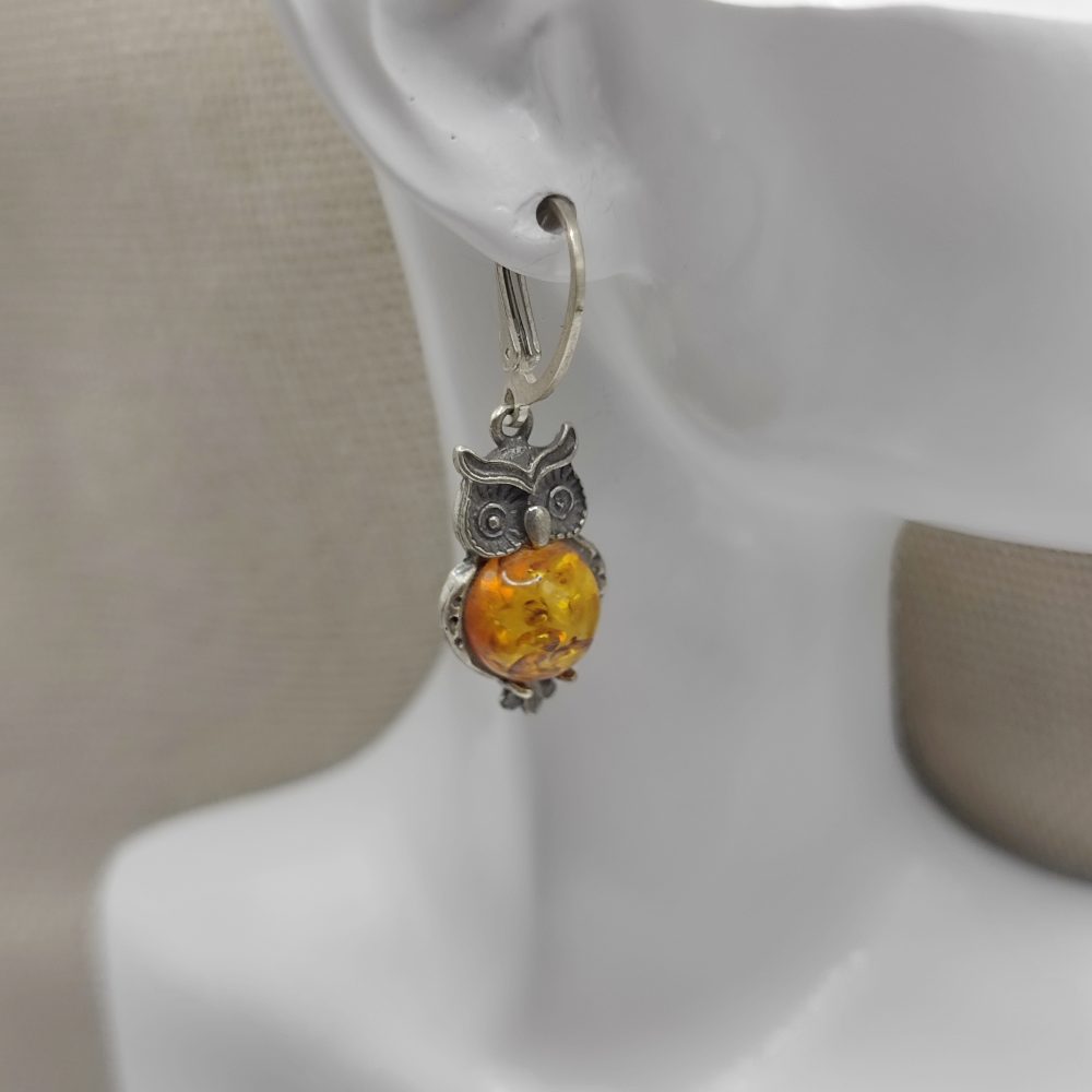 Orecchini Gufo in Argento 925 con Ambra Naturale - FUKURO