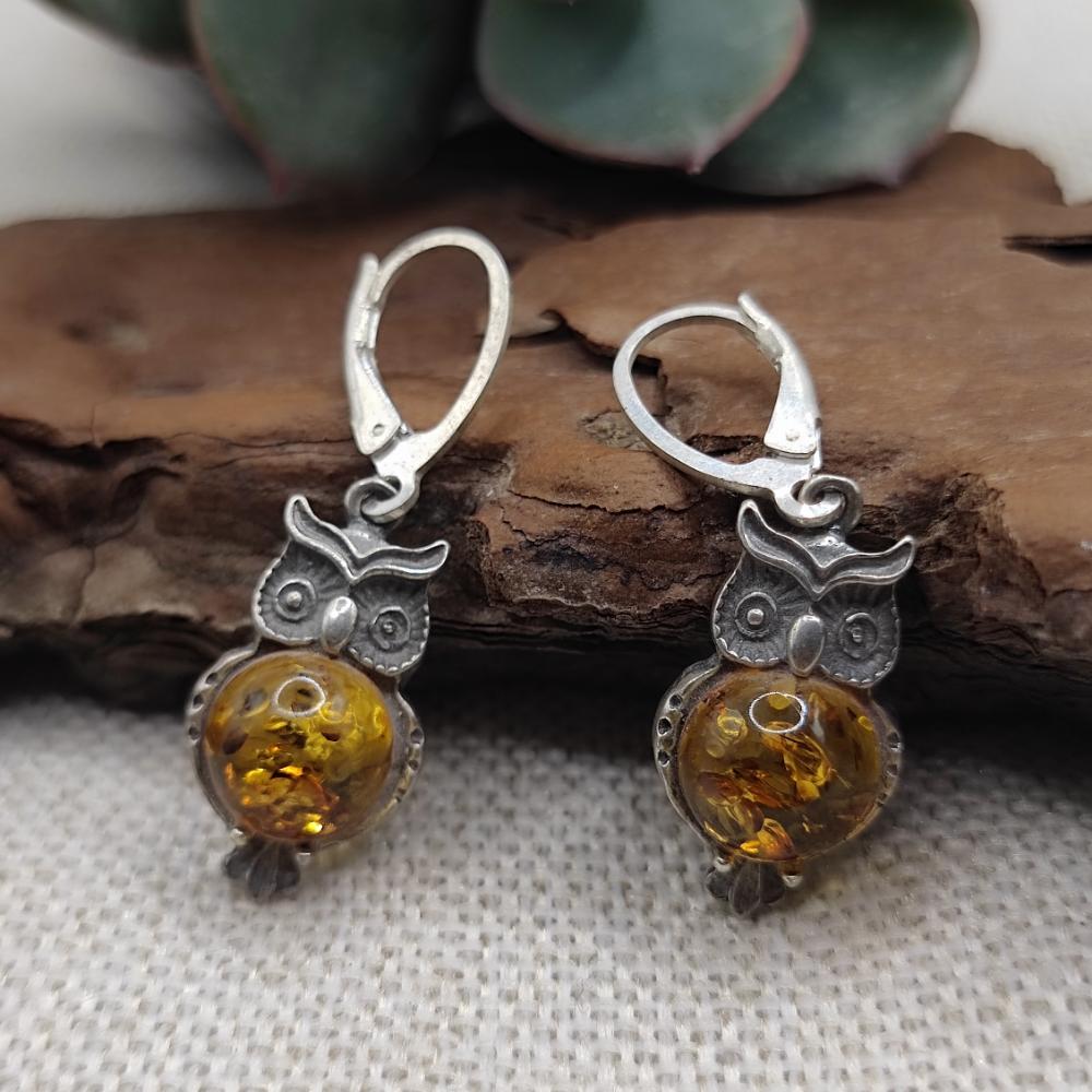 Orecchini Gufo in Argento 925 con Ambra Naturale - FUKURO