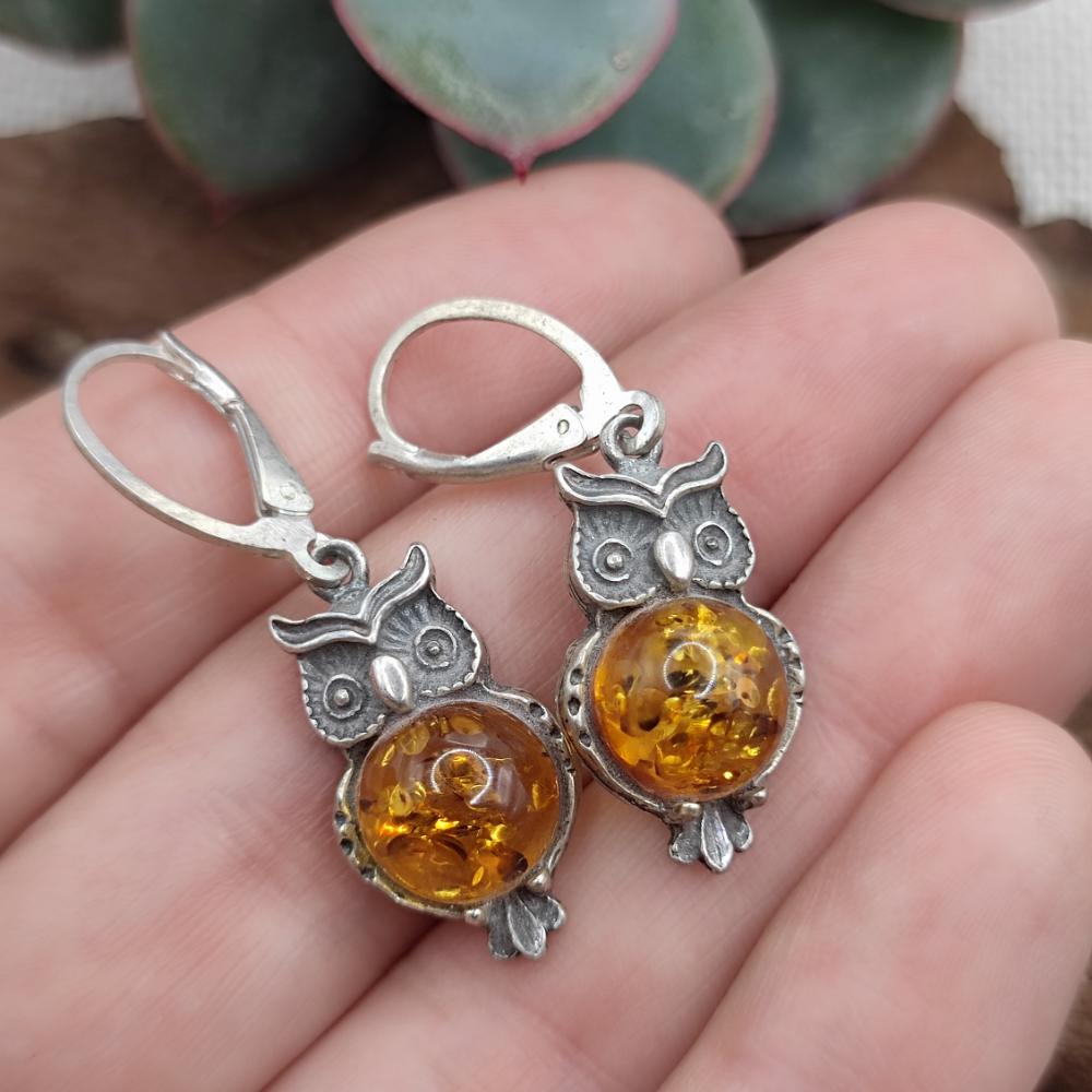 Orecchini Gufo in Argento 925 con Ambra Naturale - FUKURO