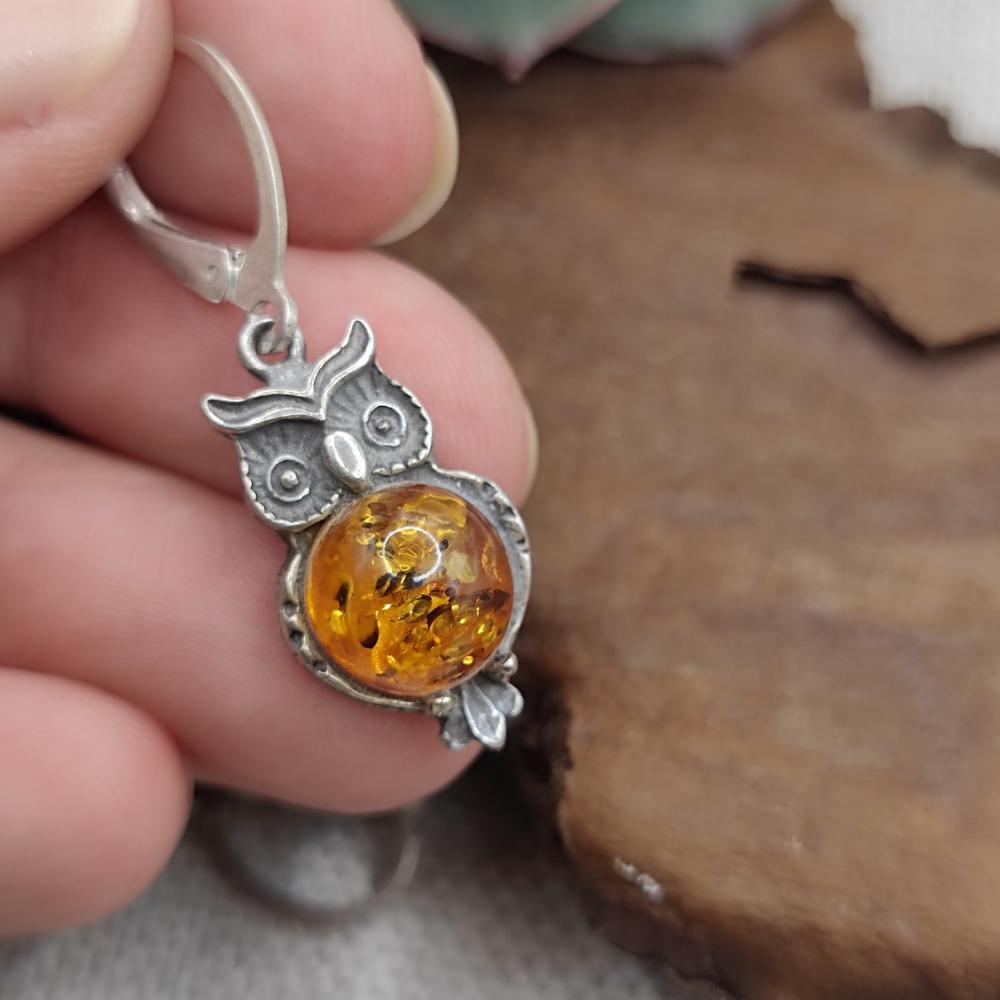 Orecchini Gufo in Argento 925 con Ambra Naturale - FUKURO