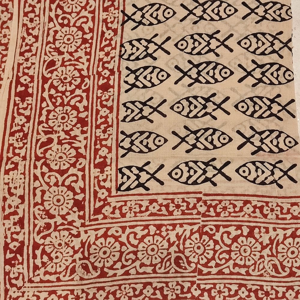 Pareo - Sciarpa artigianale in cotone con ornamenti Pesci – blu e rosso