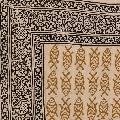 Pareo - Sciarpa artigianale in cotone con ornamenti Pesci – ocra e blu