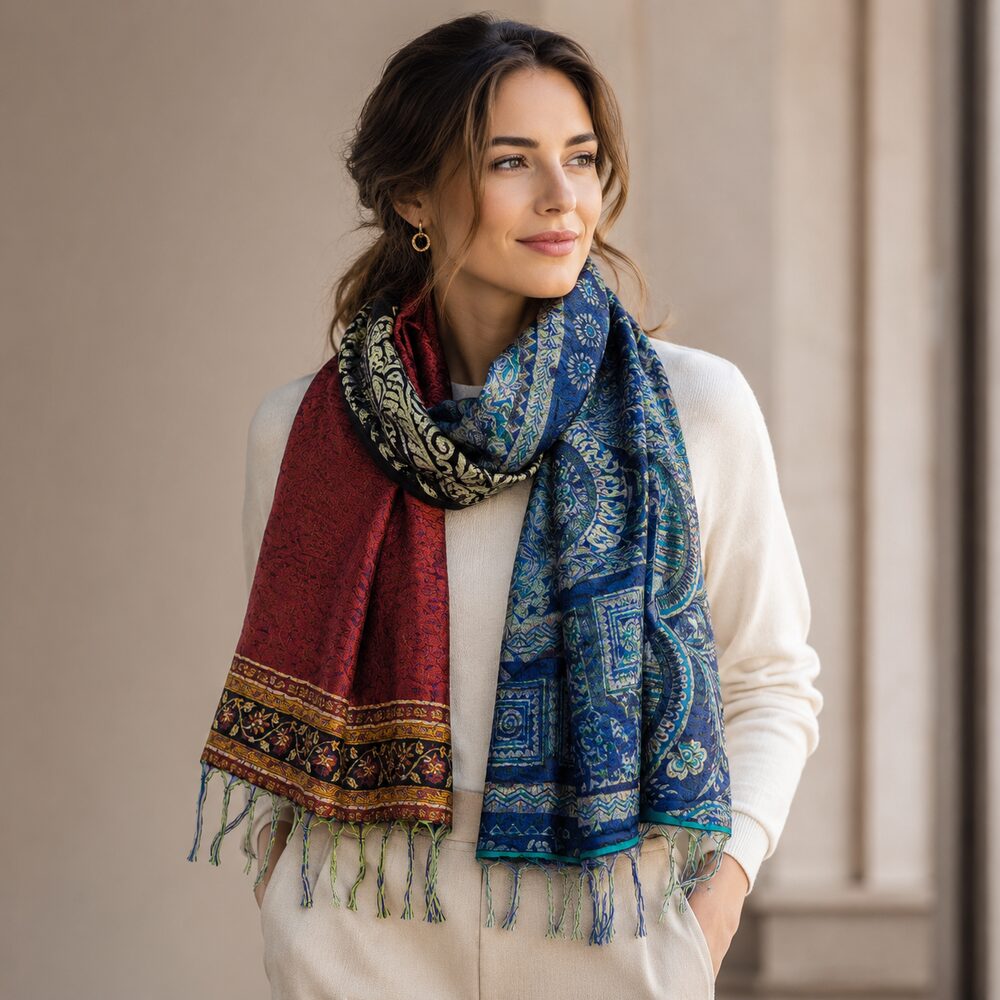 Sciarpa KANTHA con tessuti vintage misto seta ricamo - BLACK – immagine1