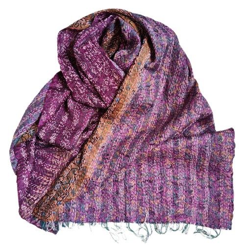 Sciarpa KANTHA con tessuti vintage misto seta ricamo a mano - LAVANDA
