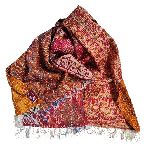 KANTHA scarf with vintage silk blend fabrics and BATIK hand embroidery - ORANGE