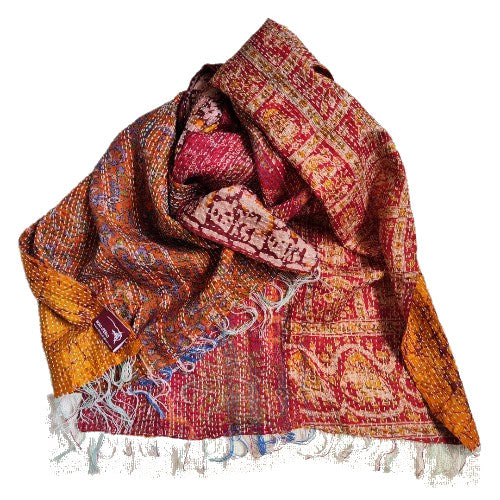 Sciarpa KANTHA con tessuti vintage misto seta ricamo a mano BATIK - ARANCIONE – immagine1