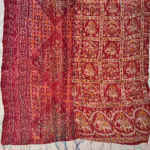 KANTHA scarf with vintage silk blend fabrics and BATIK hand embroidery - ORANGE