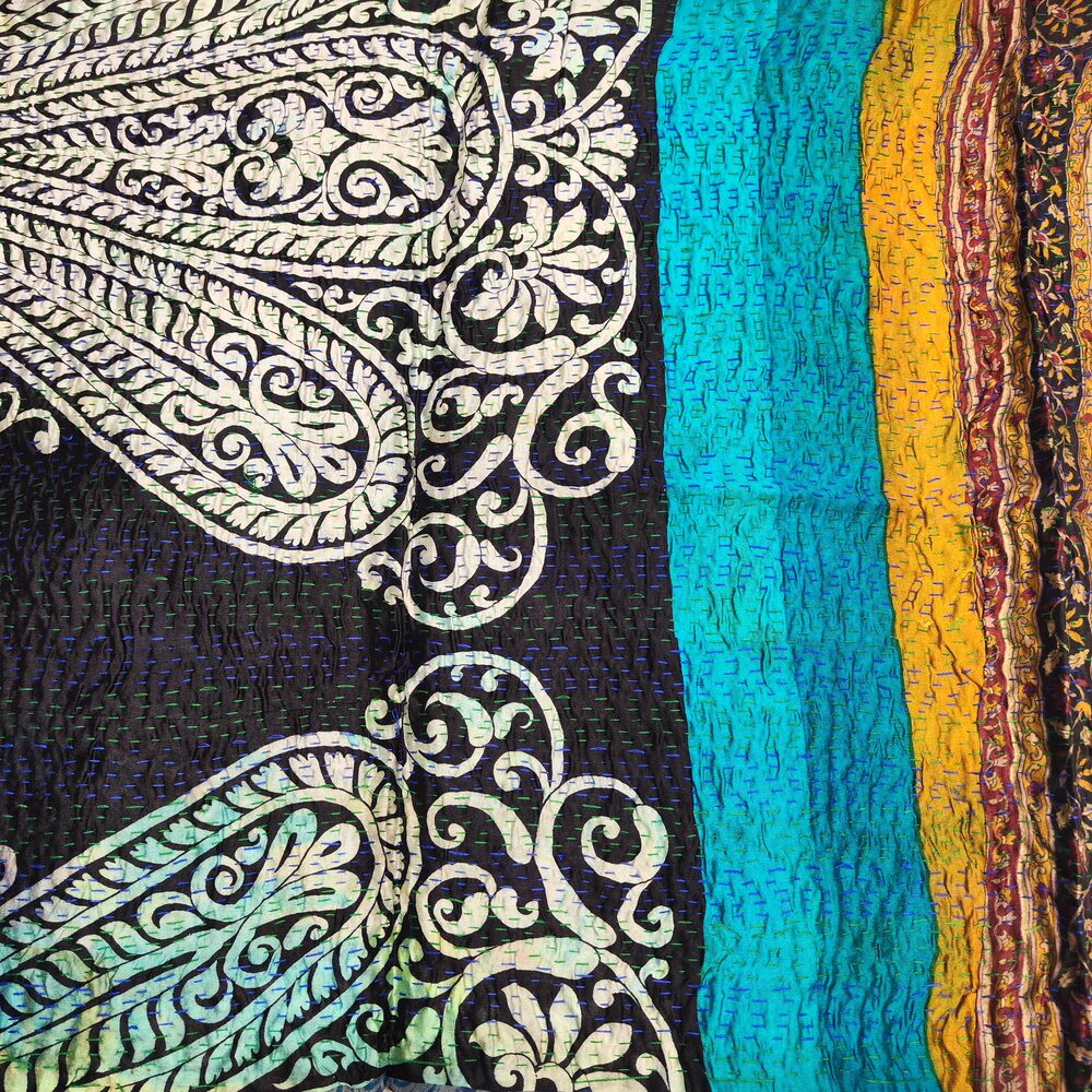 Sciarpa KANTHA con tessuti vintage misto seta ricamo - BLACK