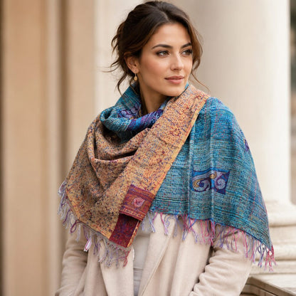 Sciarpa KANTHA con tessuti vintage misto seta ricamo - MIRO – indossato