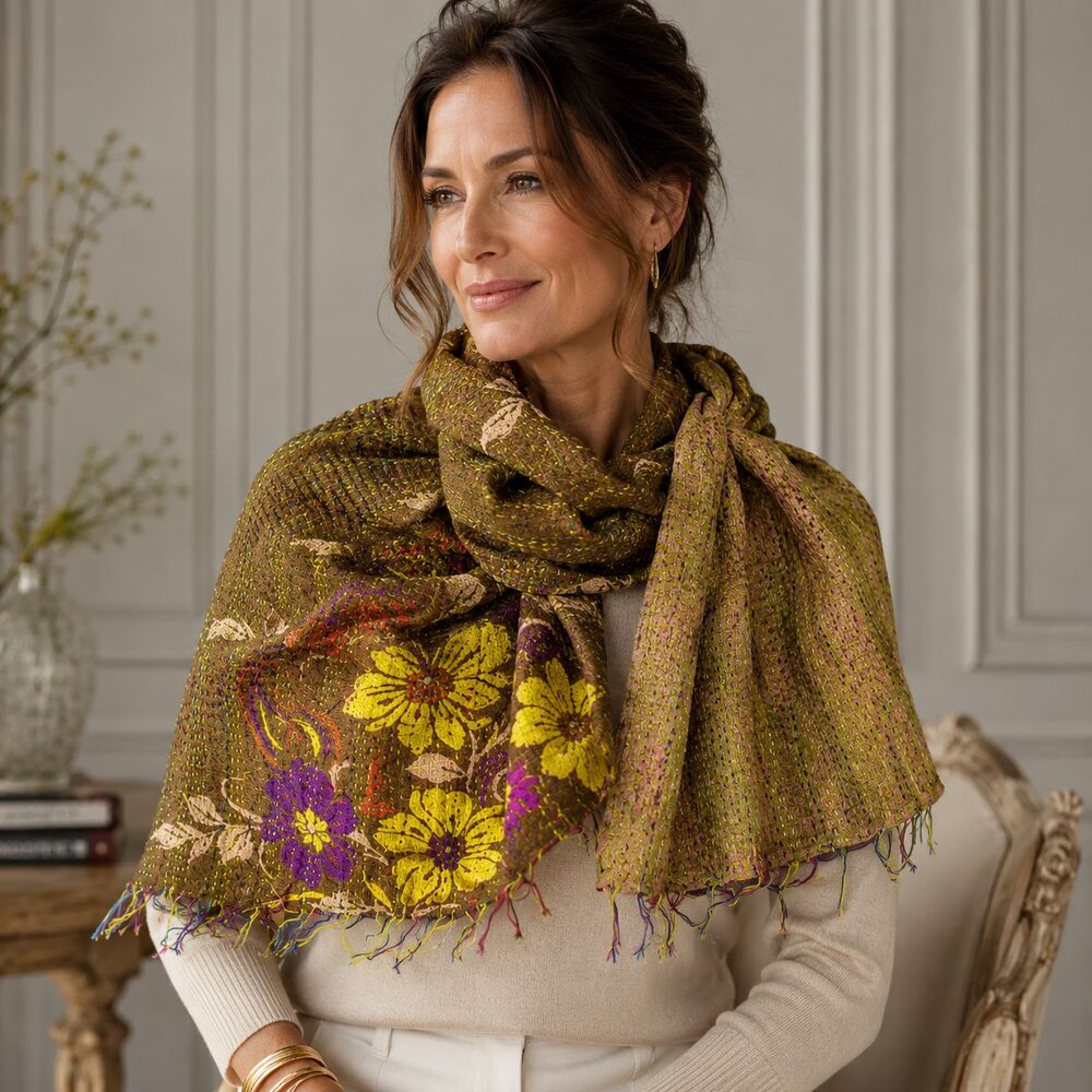 Sciarpa KANTHA con tessuti vintage misto seta ricamo - PROVENCE