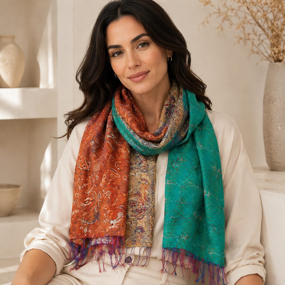Sciarpa KANTHA con tessuti vintage misto seta ricamo - MEINA