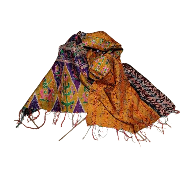 Sciarpa KANTHA con tessuti vintage misto seta ricamo a mano giallo
