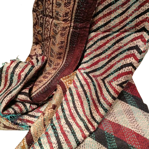 Sciarpa KANTHA con tessuti vintage misto seta ricamo a mano beige-bordeaux