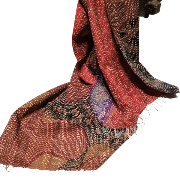Sciarpa KANTHA con tessuti vintage misto seta ricamo a mano ocra-rosso