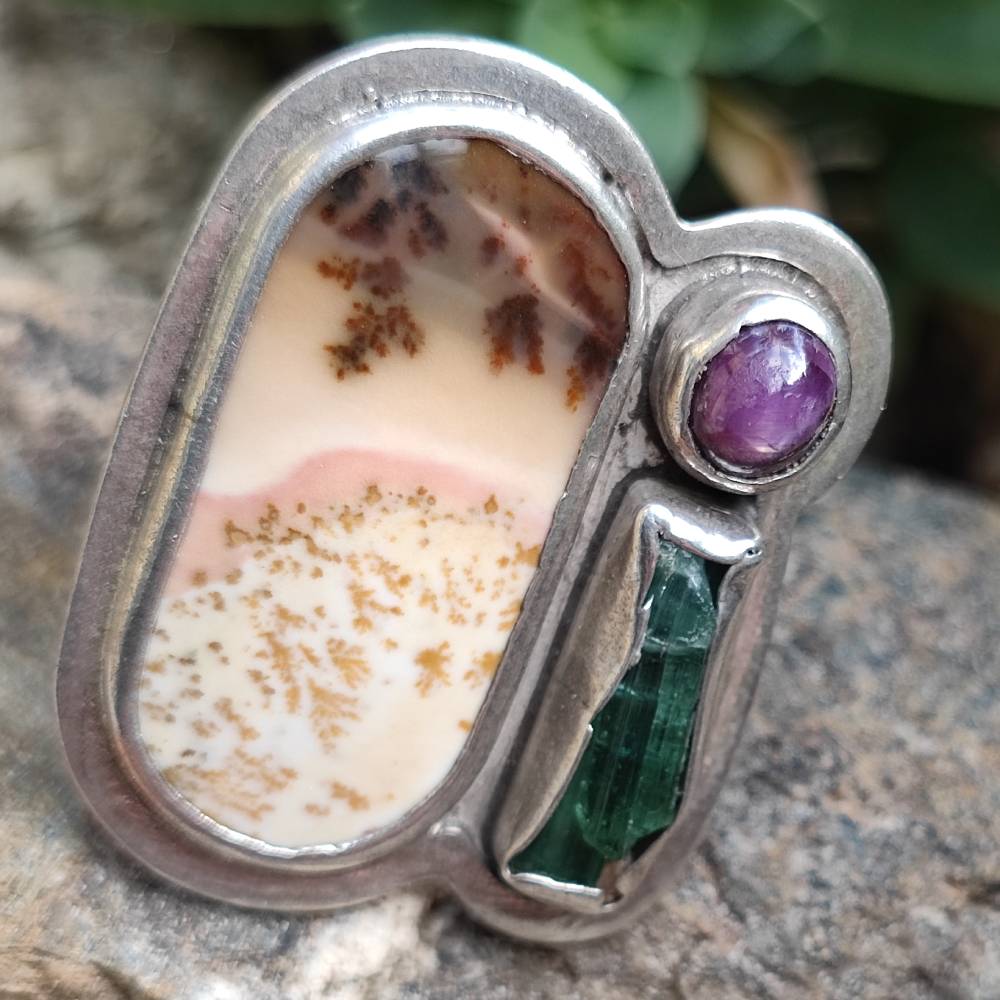 Anello artigianale Agata dendritica in argento 925 - Pezzo unico