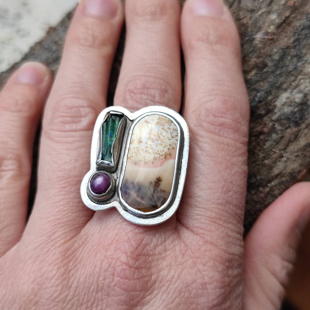 Anello artigianale Agata dendritica in argento 925 - Pezzo unico