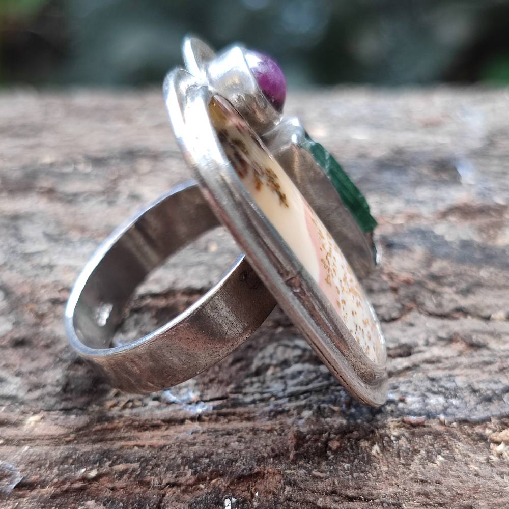 Anello artigianale Agata dendritica in argento 925 - Pezzo unico