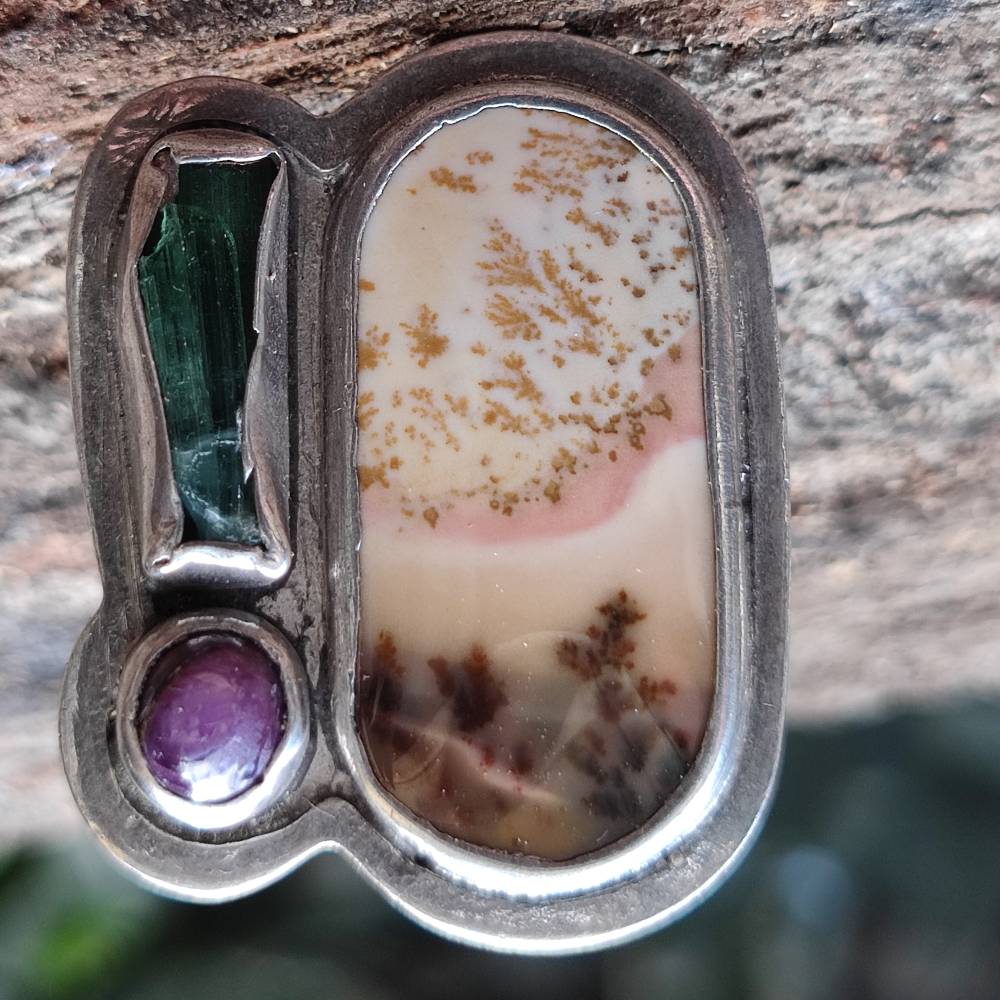Anello artigianale Agata dendritica in argento 925 - Pezzo unico