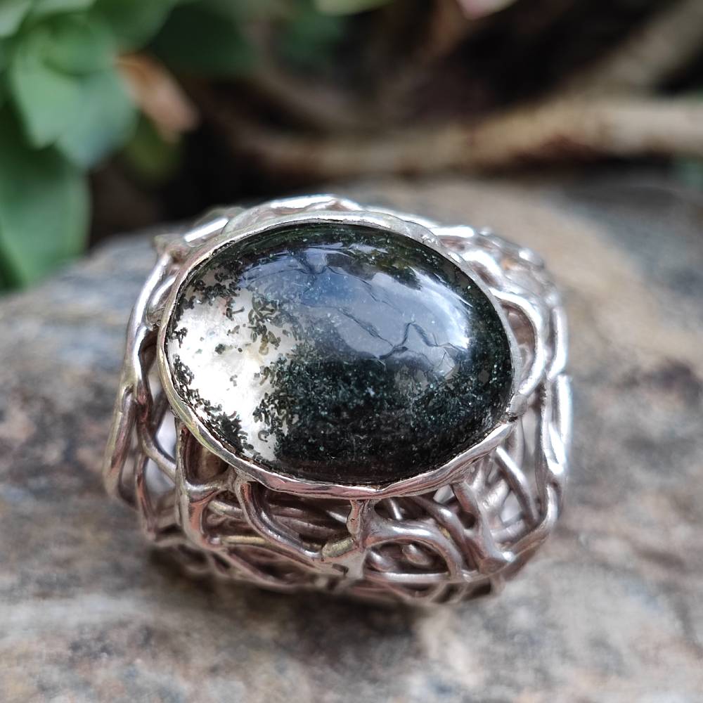 Anello artigianale Agata muschiata in argento 925 - Pezzo unico