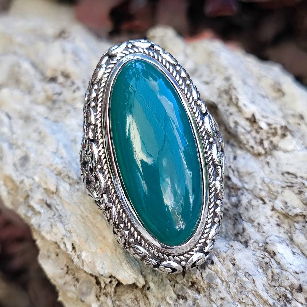 Anello artigianale con pietra in argento 925 - UTTAM agata verde