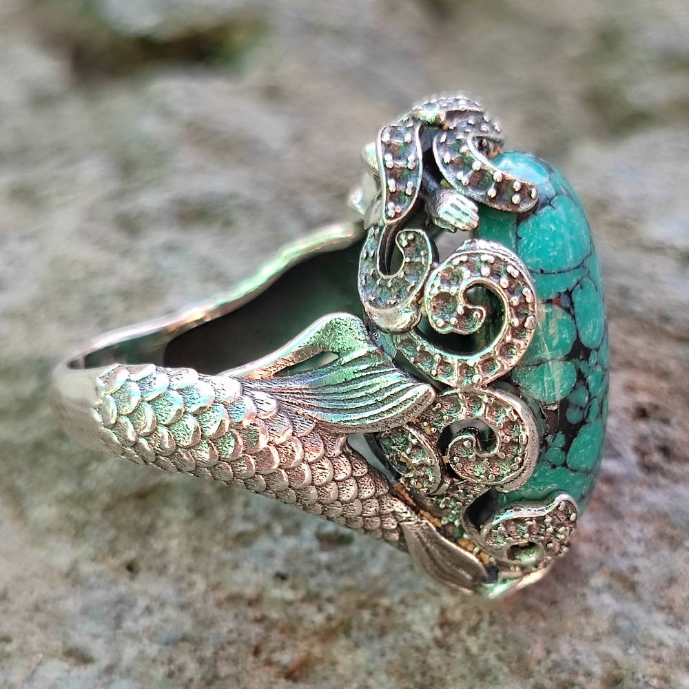 Anello etnico in argento 925 con pietra e sirena - LASARNA