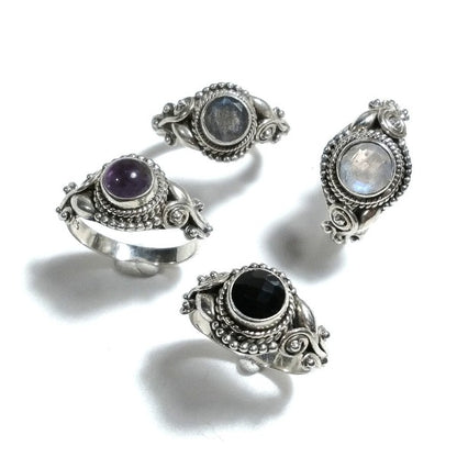 Anello con pietra in argento 925 con Pietra di luna, Ametista, Onice nero | GIOIELLI ETNICI