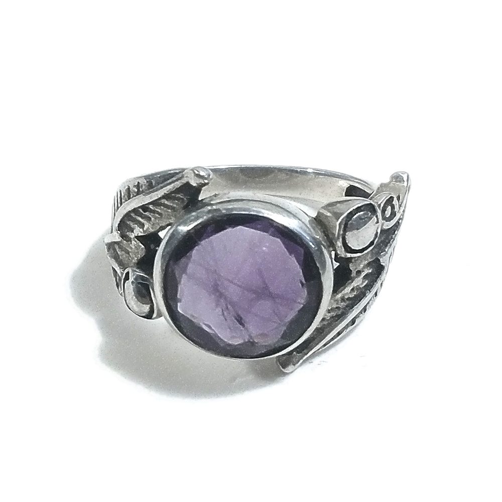 Anello artigianale a fascia con piuma in argento 925 - Ametista