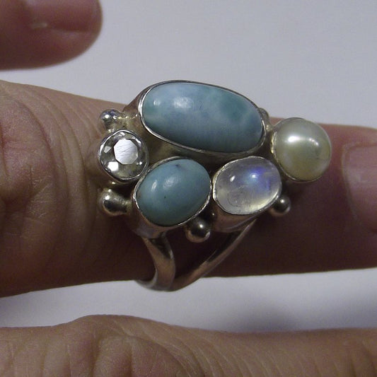 ANELLO argento Larimar pietra di luna e perla 13 - 15 – immagine2