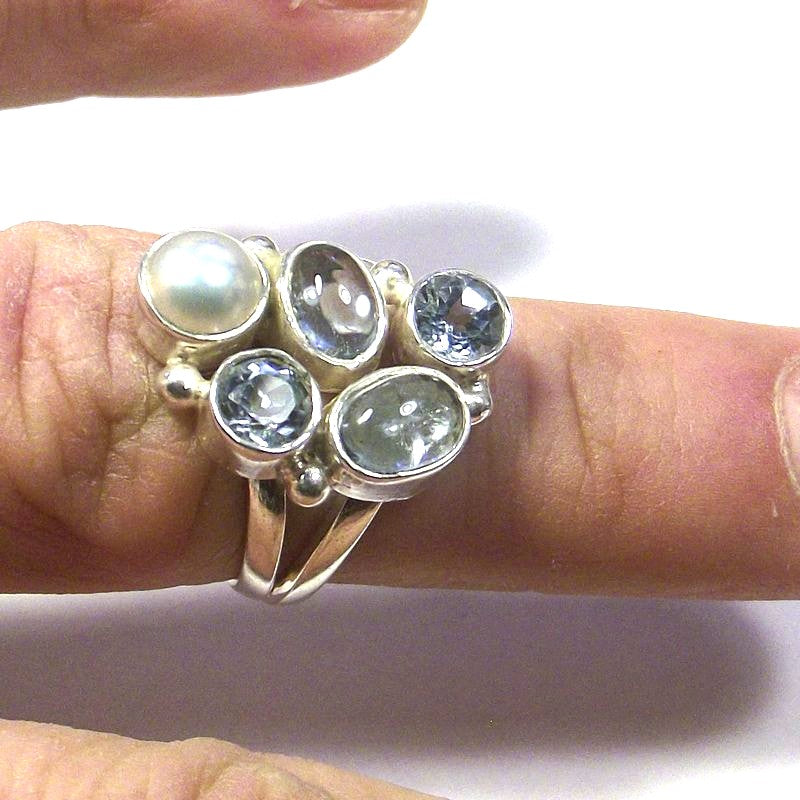 ANELLO argento ACQUAMARINA, perla e TOPAZIO azzurro cabouchon