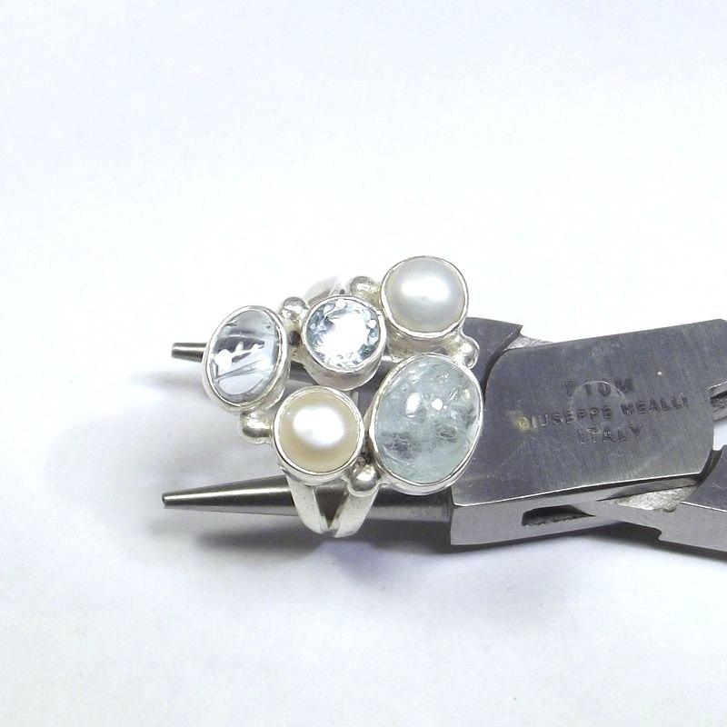 ANELLO argento 925 ACQUAMARINA, perla e TOPAZIO azzurro