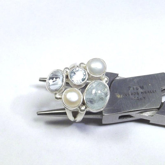 ANELLO argento 925 ACQUAMARINA, perla e TOPAZIO azzurro