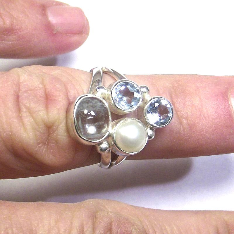 ANELLO argento 925 ACQUAMARINA, perla e TOPAZIO azzurro