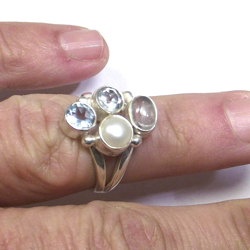 ANELLO argento 925 ACQUAMARINA, perla e TOPAZIO azzurro 15 - 17 – immagine3