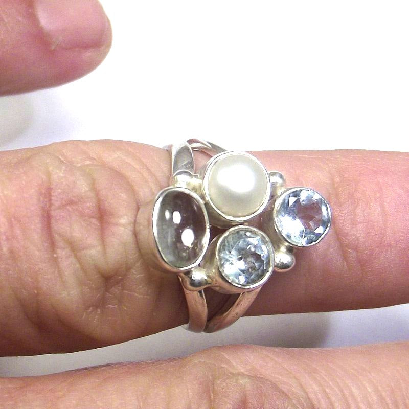 ANELLO argento 925 ACQUAMARINA, perla e TOPAZIO azzurro