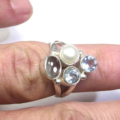 ANELLO argento 925 ACQUAMARINA, perla e TOPAZIO azzurro