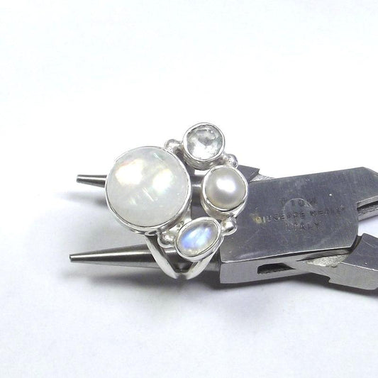 ANELLO Pietra di luna, cristallo di rocca, perla e argento tondo