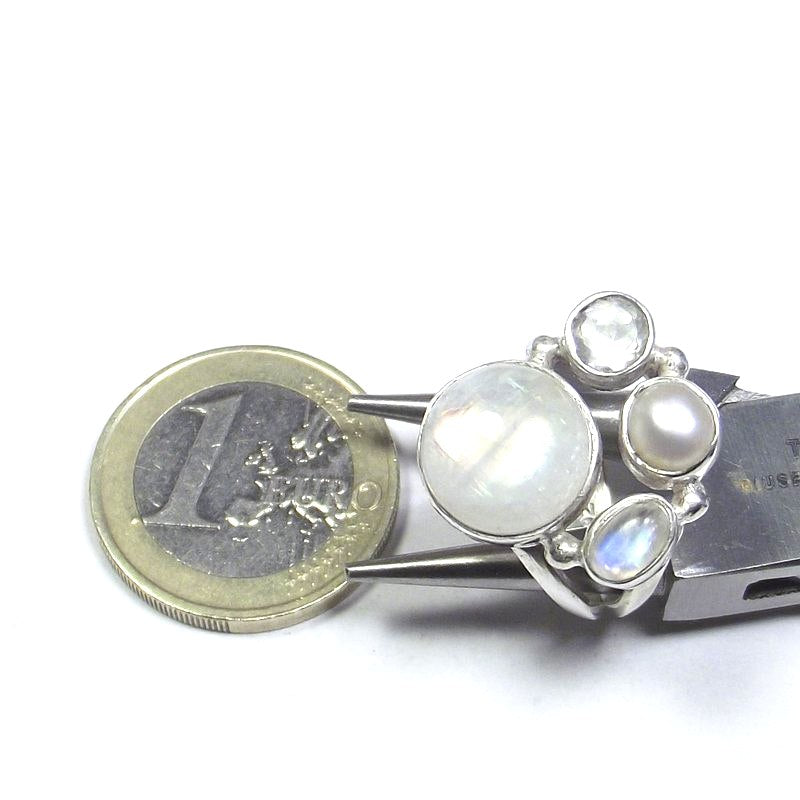 ANELLO Pietra di luna, cristallo di rocca, perla e argento tondo 15 - 18