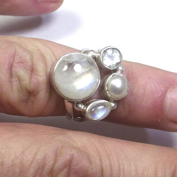 ANELLO Pietra di luna, cristallo di rocca, perla e argento tondo 15 - 18