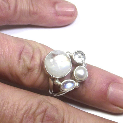 ANELLO Pietra di luna, cristallo di rocca, perla e argento tondo 15 - 18 – immagine3