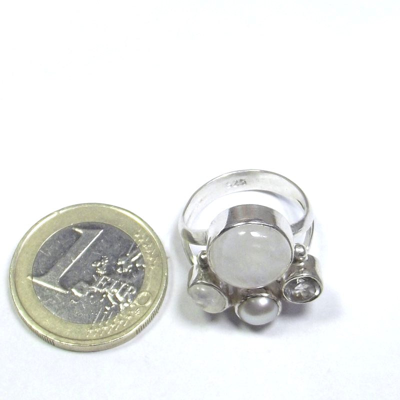 ANELLO Pietra di luna, cristallo di rocca, perla e argento tondo 15 - 18 – immagine2