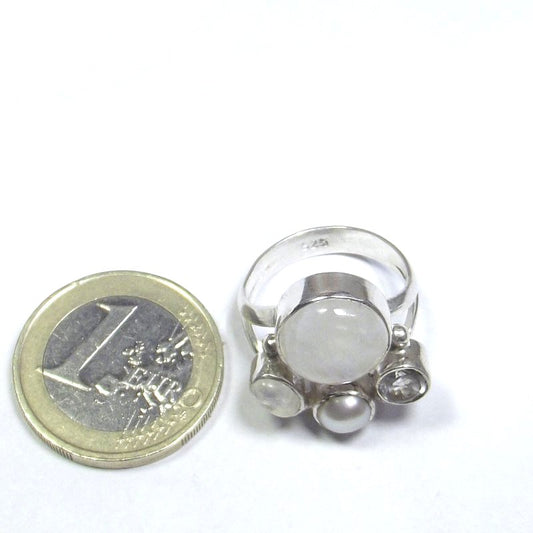 ANELLO Pietra di luna, cristallo di rocca, perla e argento tondo 15 - 18 – immagine2