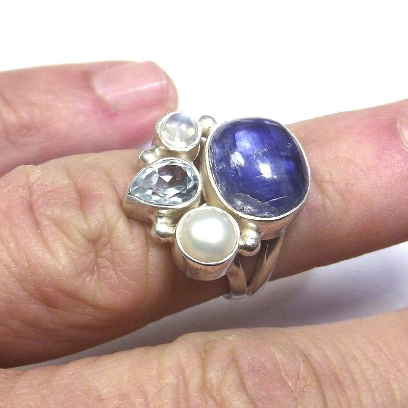ANELLO argento 925 cianite, pietra di luna, topazio e perla 13 - 15 – immagine1