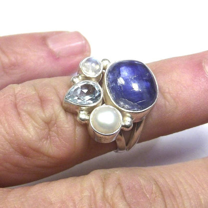 ANELLO argento 925 cianite, pietra di luna, topazio e perla 13 - 15 – immagine1