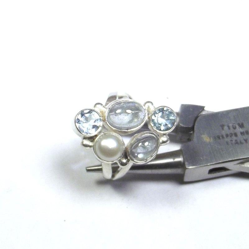 ANELLO argento 925 ACQUAMARINA, perla e TOPAZIO azzurro